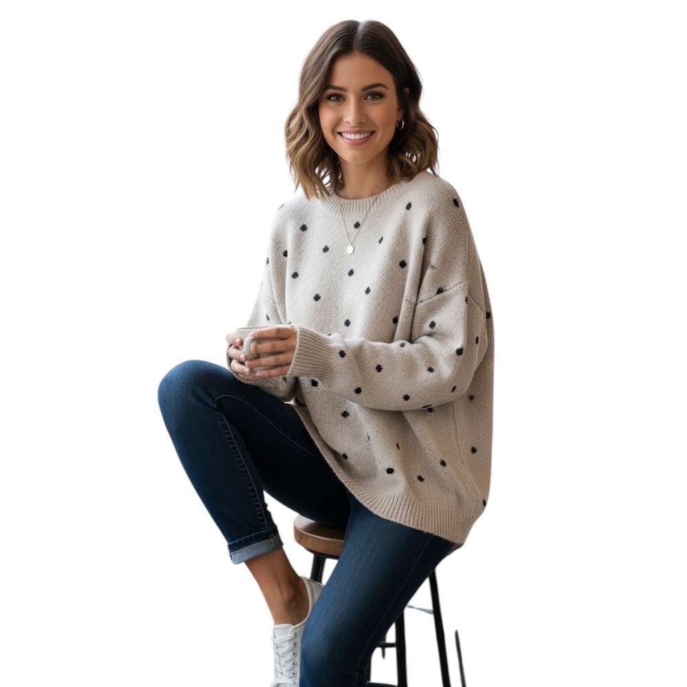 Women's Brown Polka Dot Sweater | Oversized Fit |‎ Size Small (Fits XL+)